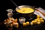 swiss cheese fondue pot with bread cubes