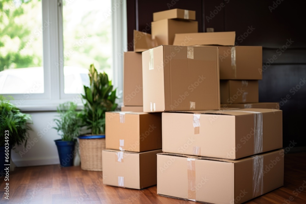 stack of packing boxes ready for a moving van stack of packing boxes ready for a moving van