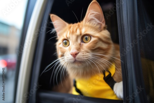 pet in a carrier looking curiously out of its window