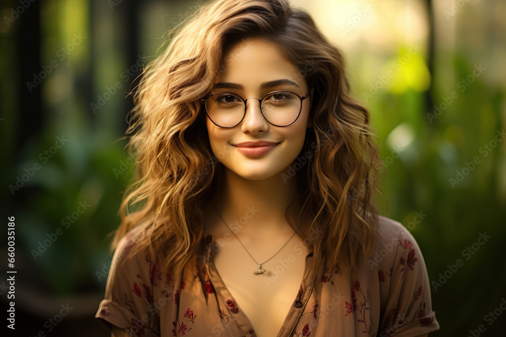 Garden Serenity Smiling Young Brunette in Eyeglasses Poses Amidst a Lush Garden, Gazing Confidently at the Camera. created with Generative AI