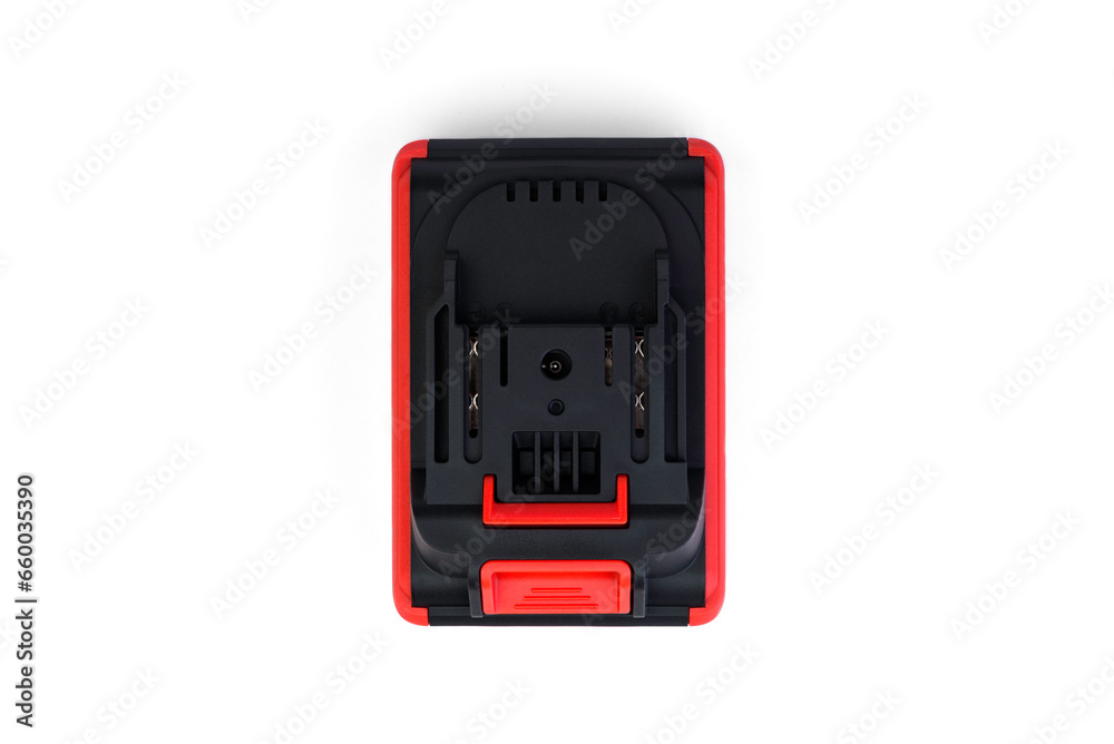 Red battery for cordless drill, screwdriver and vibration suction cup isolated on white background. Red battery for cordless drill, screwdriver and vibration suction cup isolated on white background.