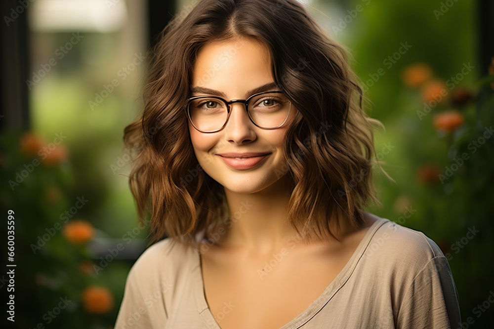 Garden Serenity Smiling Young Brunette in Eyeglasses Poses Amidst a Lush Garden, Gazing Confidently at the Camera. created with Generative AI