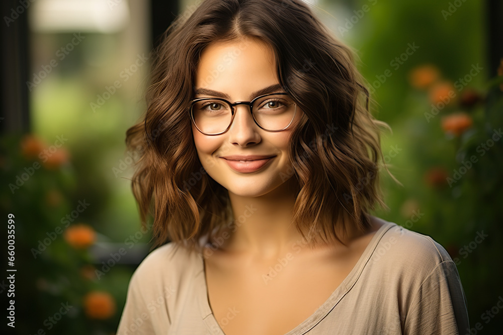 Garden Serenity Smiling Young Brunette in Eyeglasses Poses Amidst a Lush Garden, Gazing Confidently at the Camera. created with Generative AI Garden Serenity Smiling Young Brunette in Eyeglasses Poses Amidst a Lush Garden, Gazing Confidently at the Camera. created with Generative AI