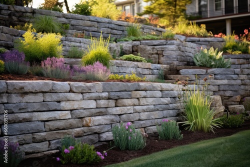 stacked retaining stone walls featuring a variety of plants photo