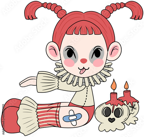 Girl in the Clown costume and candles placed on human skulls