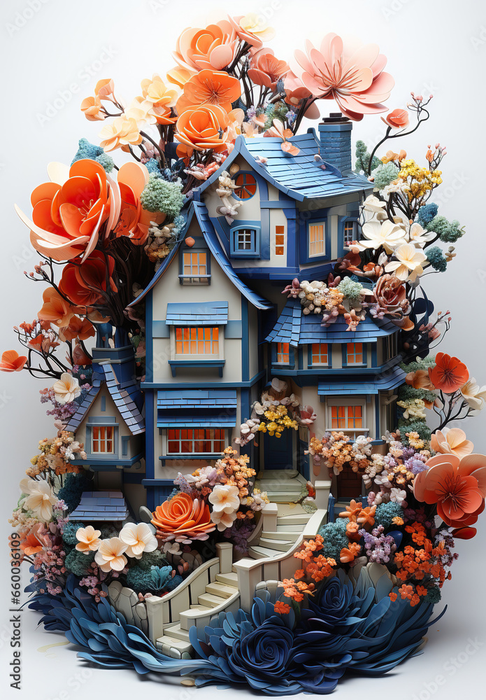Naklejka premium Victorian House in a Floral Wonderland,Decorative model of pocket house with flowers