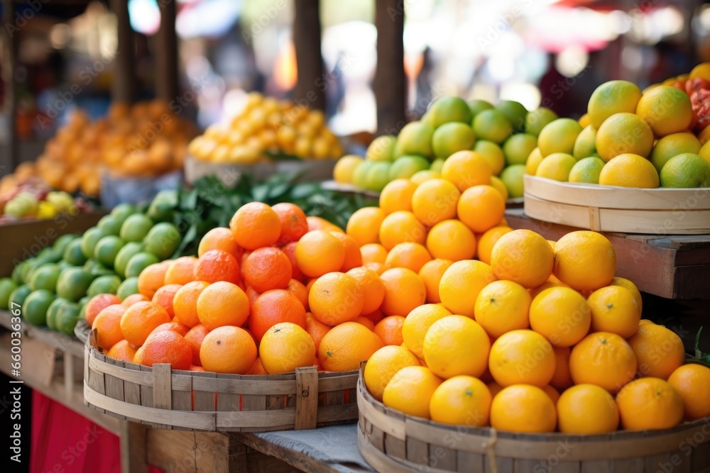 citrus fruits on baskets in an open-air market