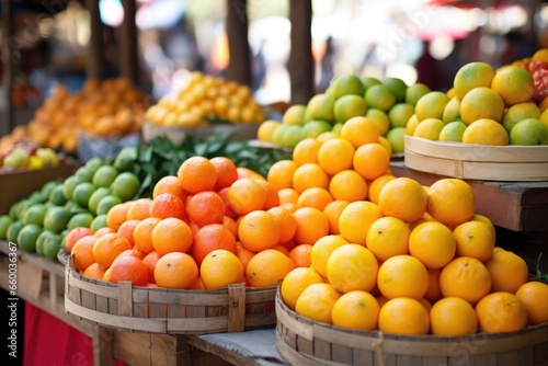 citrus fruits on baskets in an open-air market