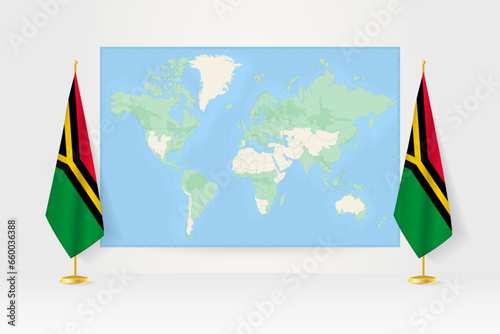 World Map between two hanging flags of Vanuatu flag stand.
