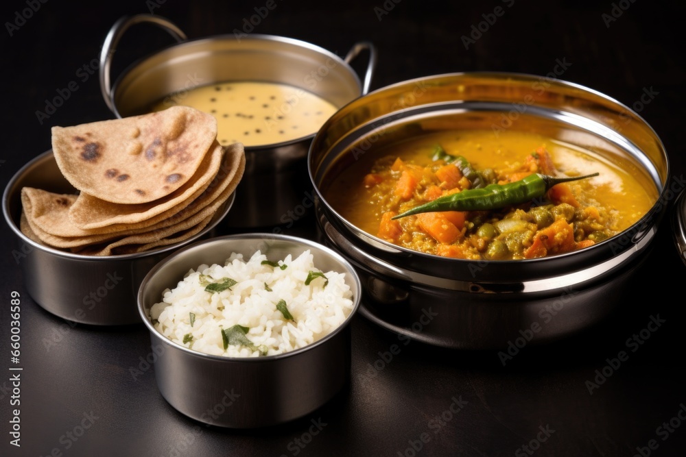 stainless steel lunch tiffin with chapati and curry meal inside