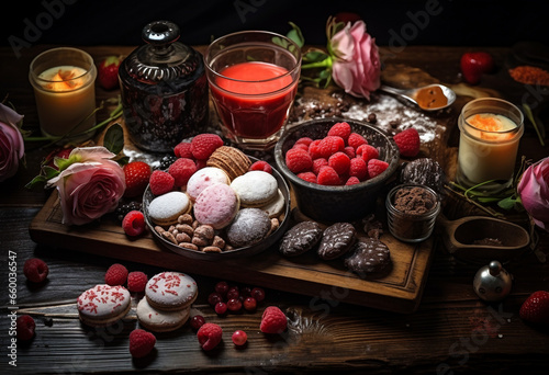 Sweet Love, Indulging in Valentine's Day Delights with Hearts and Sweets on a Dark Wood Table