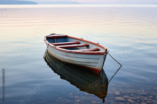 Fotografie, Obraz capsized rowboat on calm lake surface