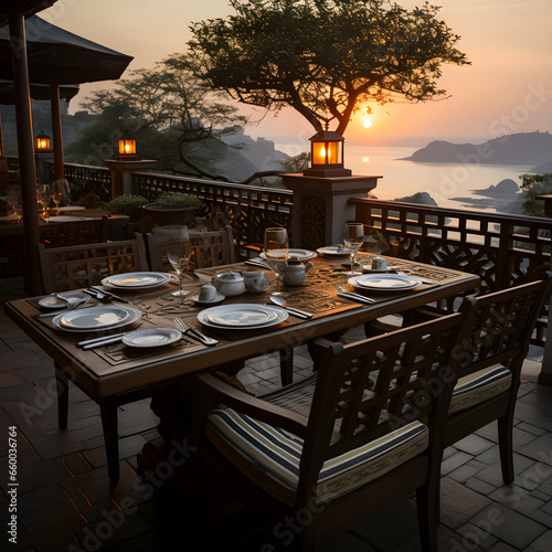 Background of the beautiful coast of China at sunset on the restaurant terrace photo