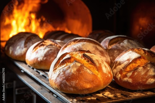 fresh loaves of bread cooling next to a hot oven