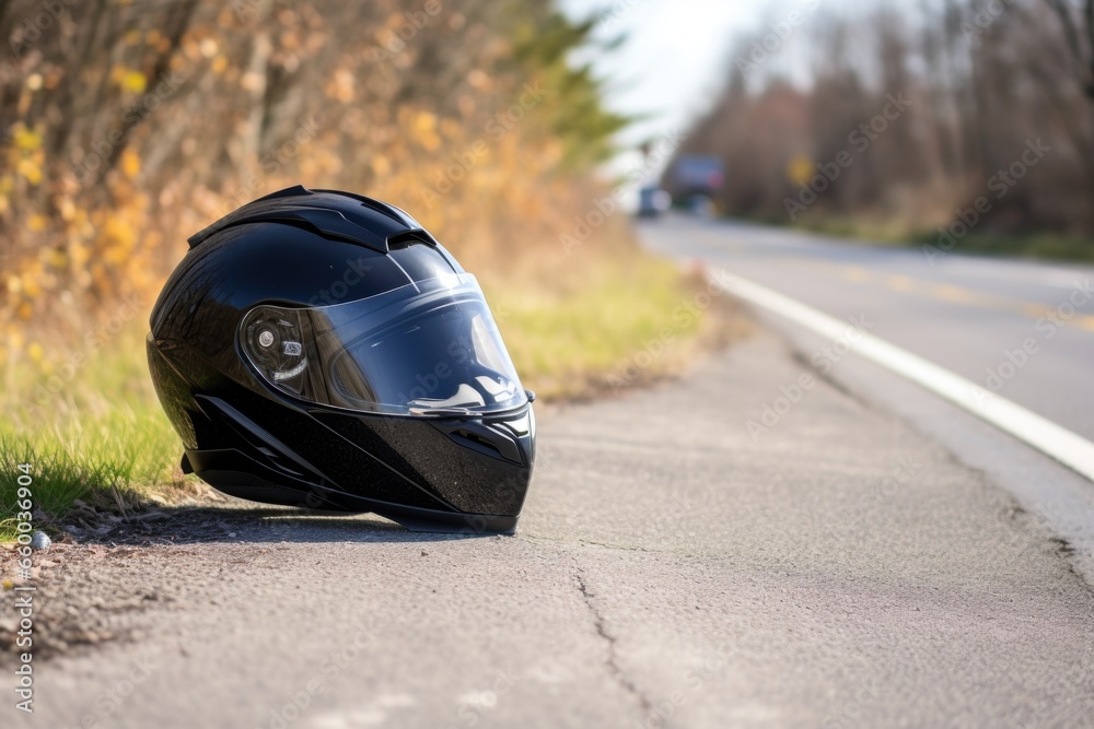 nearby motorcycle helmet with the bike at the roadside