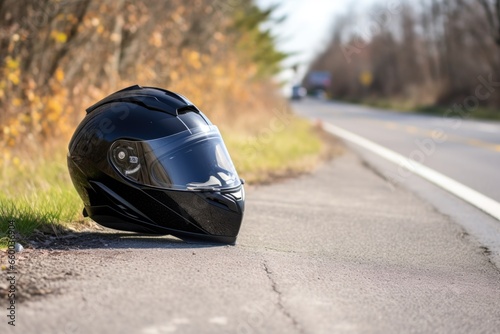 nearby motorcycle helmet with the bike at the roadside