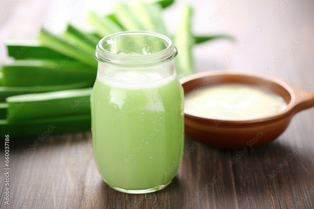 frosted bottle with aloe vera juice with aloe plant in the background frosted bottle with aloe vera juice with aloe plant in the background