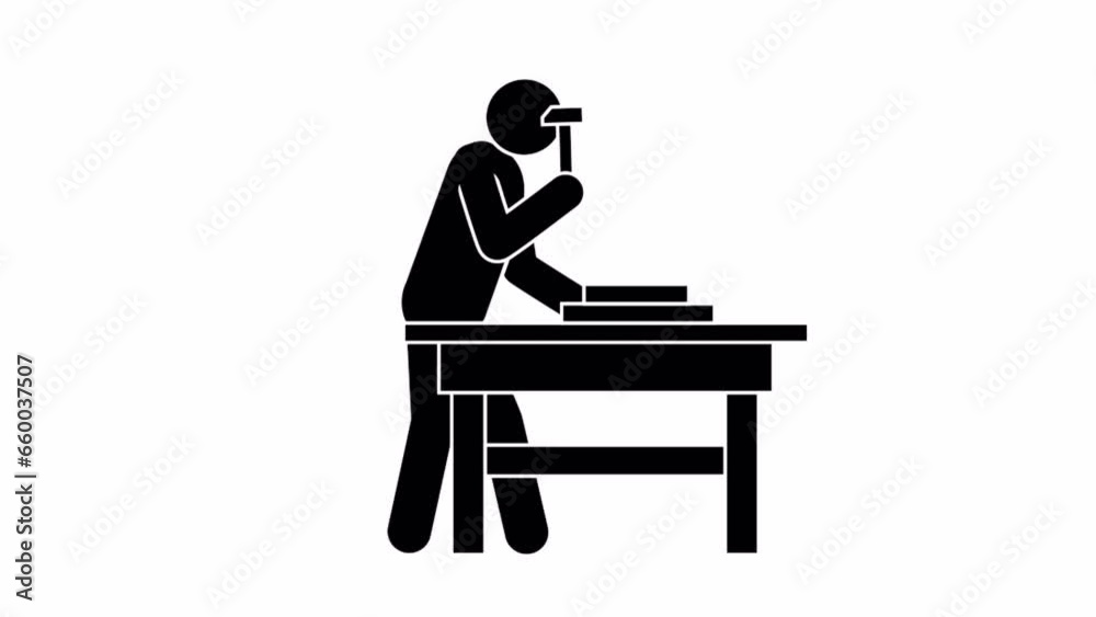 Pictogram of worker working with hammer on workbench. Handyman with hammer - animated stickman. 2D looped animation with alpha channel. Pictogram of worker working with hammer on workbench. Handyman with hammer - animated stickman. 2D looped animation with alpha channel.