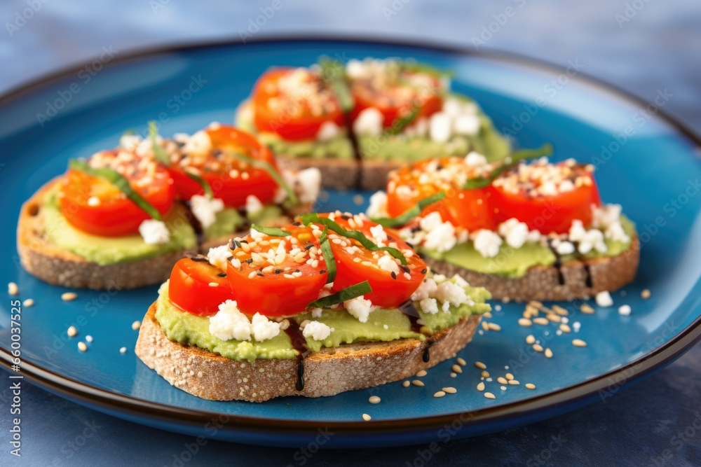 avocado bruschetta with sesame seeds on a blue rimmed plate avocado bruschetta with sesame seeds on a blue rimmed plate