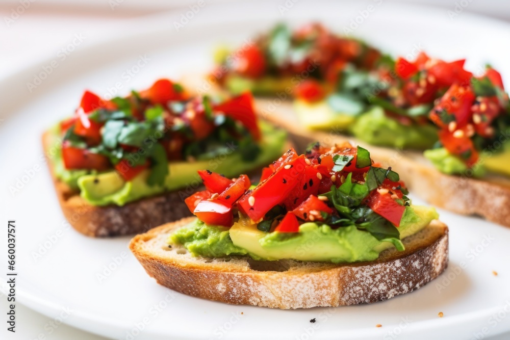 close up of avocado bruschetta with red pepper flakes on a white plate