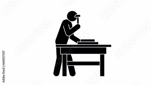 Pictogram of worker working with hammer on workbench. Handyman with hammer - animated stickman. 2D looped animation with alpha channel.