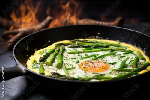 quail egg omelette with chopped asparagus in a skillet