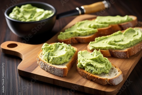 avocado spread on toasted baguette slices on a wooden board
