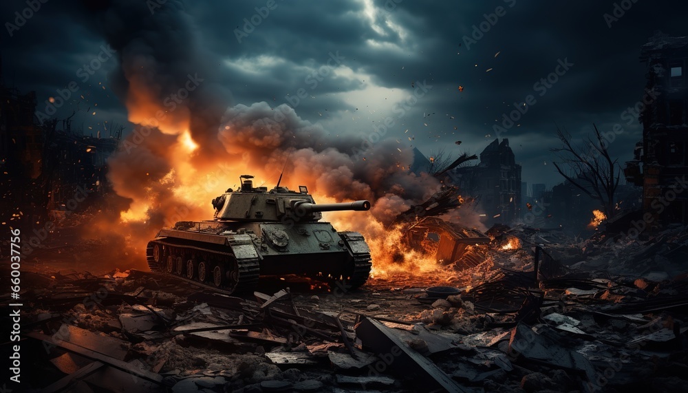 Actions on the battlefield, shooting of various military tanks. Fighters attack the tank for defensive purposes. Explosions and destruction caused by war.
