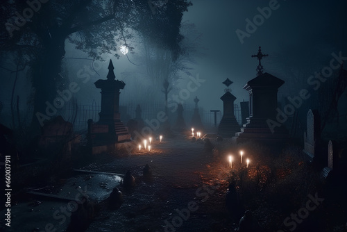 Old scary cemetery with graves and tombstones at misty night