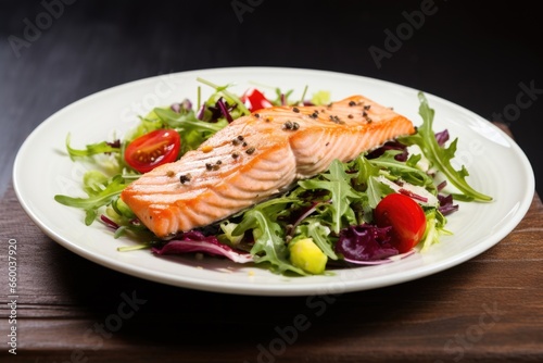 salmon fillet on a bed of fresh salad