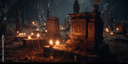 Old scary cemetery with graves and tombstones at misty night