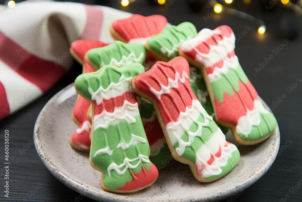 christmas socks-shaped cookies with red, white and green frosting