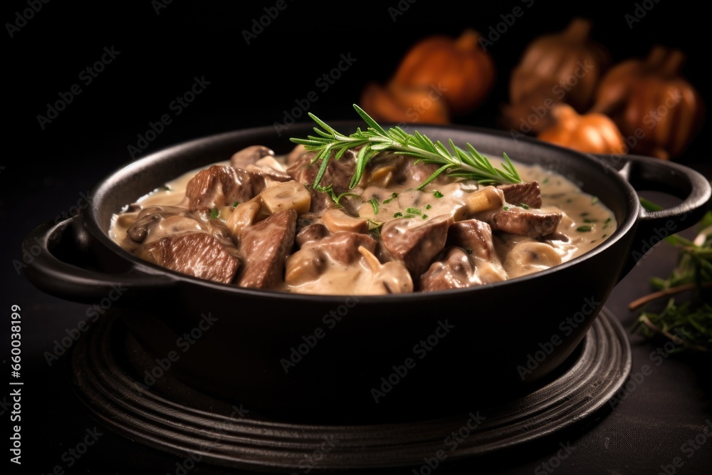 beef stroganoff garnished with a sprig of thyme in a black bowl beef stroganoff garnished with a sprig of thyme in a black bowl