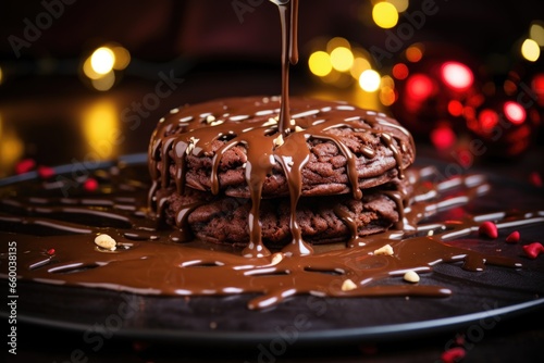 melted chocolate being drizzled over a festive cookie