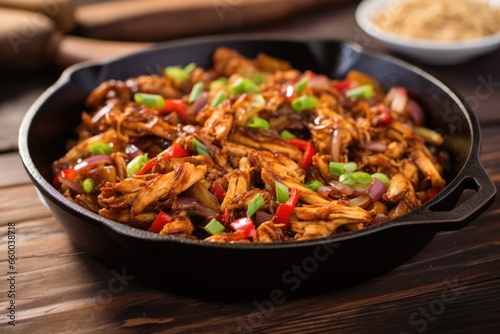 sizzling hot pulled chicken skillet with coating of bourbon bbq sauce © Alfazet Chronicles