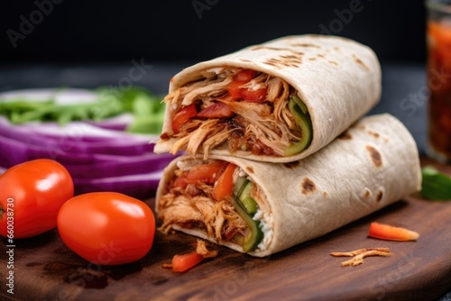 tortilla wrap showing chunky bites of bourbon bbq pulled chicken inside