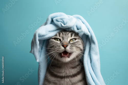  wet cat wrapped with blue towel on head after bath , kitten washed, cute kitten on blue background, goods for treatment for domestic pets, grooming salon. photo