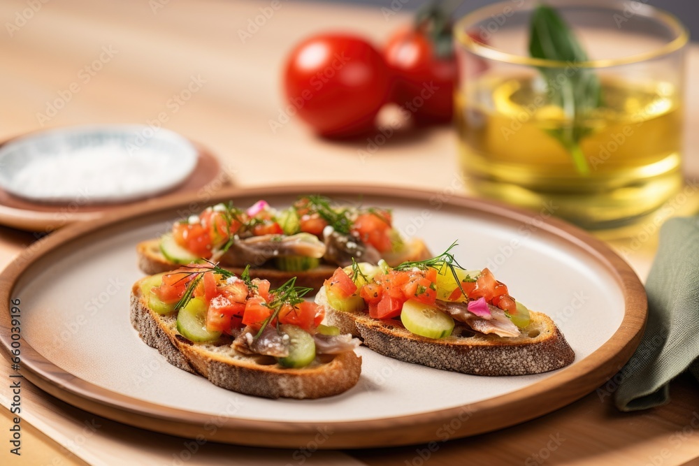 anchovy bruschetta with a side of pickles on a circular plate