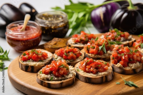 stone platter with bruschetta topped with eggplant and garlic spread
