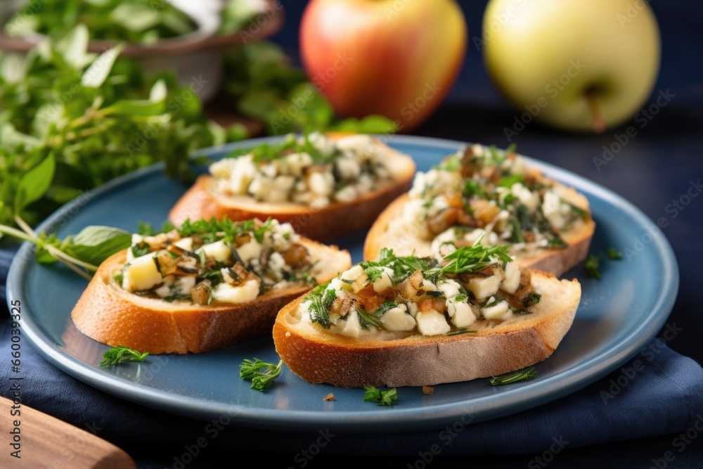 bruschetta with sprigs of fresh herbs, apple and gorgonzola on a round serving plate