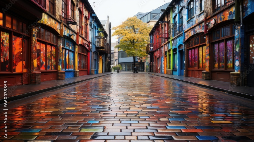 Fototapeta premium Colorful street perspective, small living houses covered with abstract graffiti