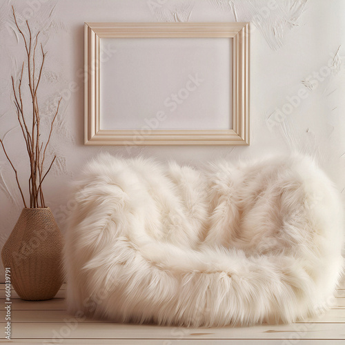 White fur blanket on sofa and frame mockup 