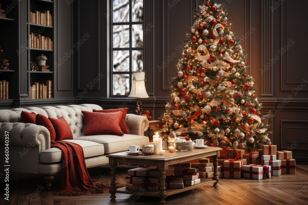 beautiful decorated christmas tree in very big living room in old  historic building, generative ai