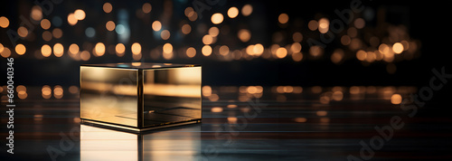 Golden cube in front of black background with blurred lights glowing.