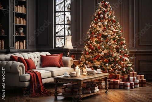 beautiful decorated christmas tree in very big living room in old  historic building  generative ai