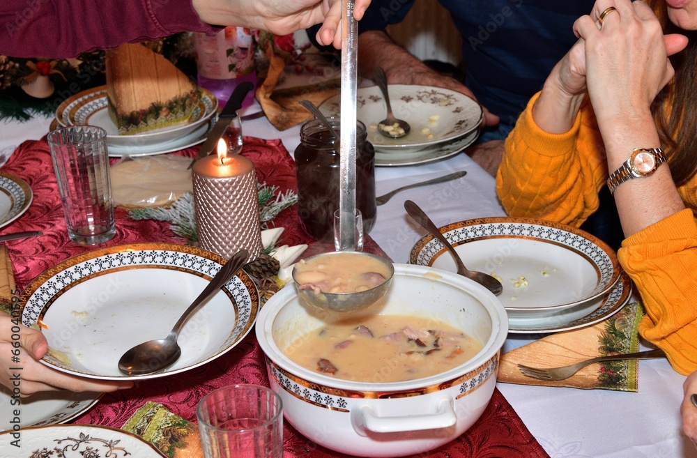 Traditional Christmas dishes on the table at the beginning of Christmas dinner in Slovakia