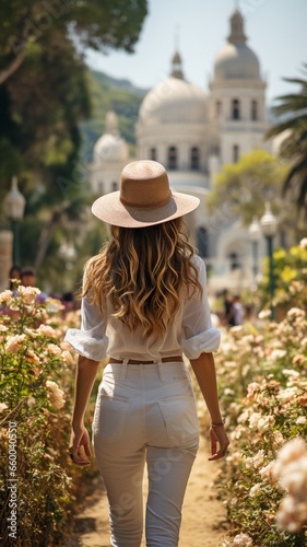 A young woman during tourist season wearing a white outfit and white hat