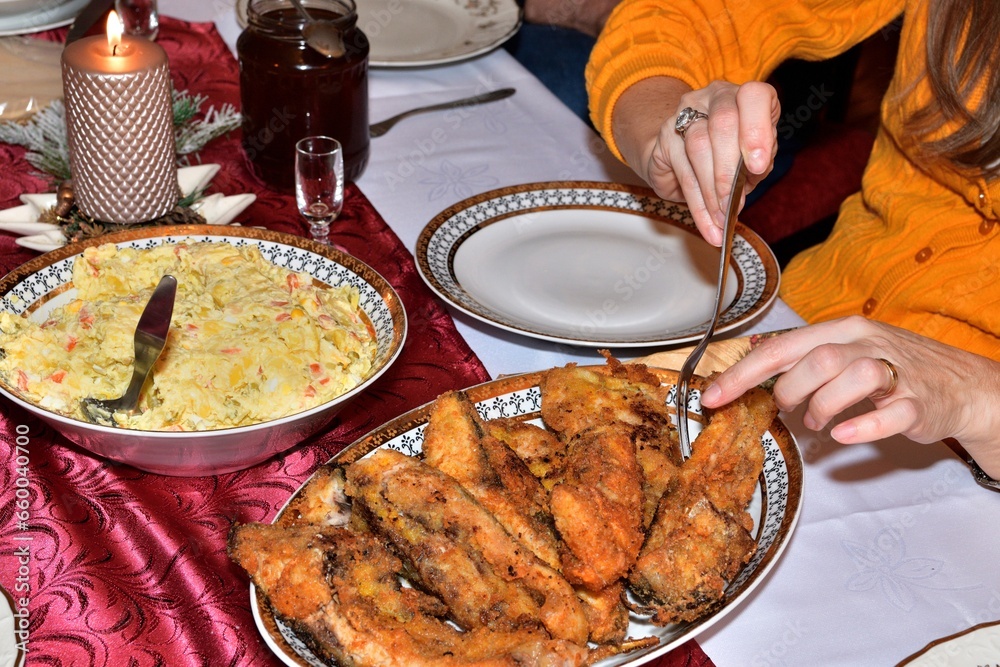 Traditional Christmas dishes on the table at the beginning of Christmas dinner in Slovakia