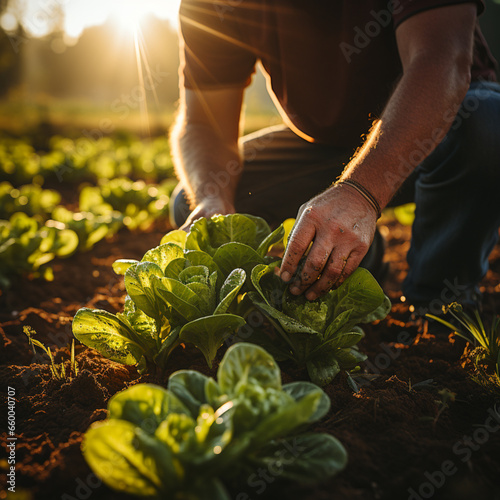 Green lettuce is harvested by a farmer