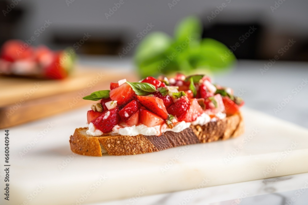 a single slice of strawberry bruschetta positioned on a granite countertop